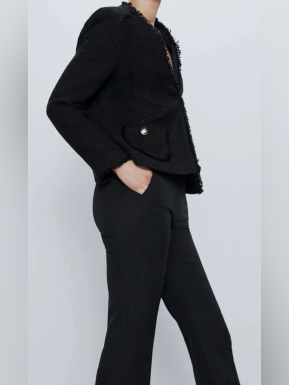 Zara Black Tweed Fringe-Trim Blazer - Picture 2 of 14